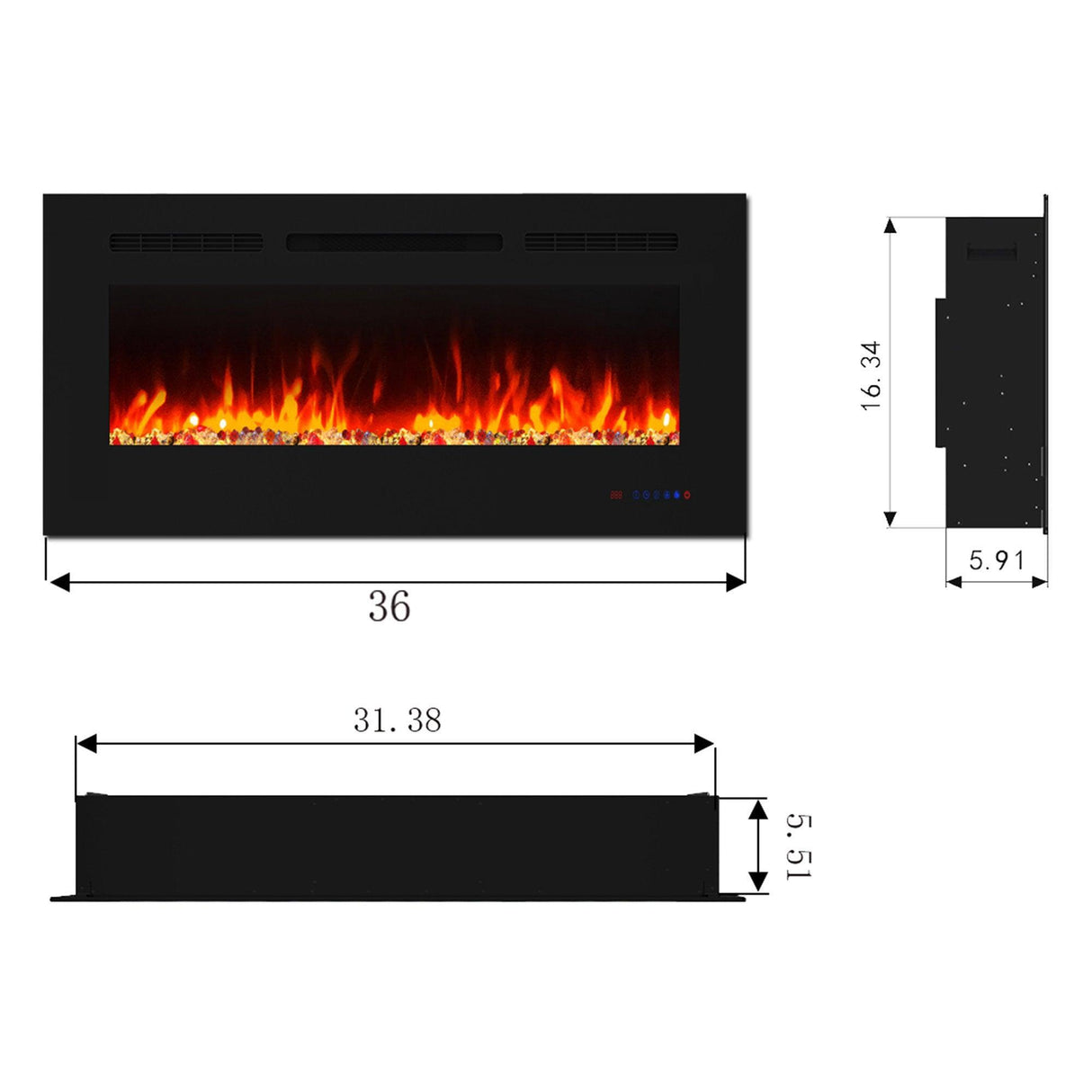 Insert or Wall-Mount Electric Fireplace with Remote Control and Touch Screen in 13 Flame Colors and Base Lights