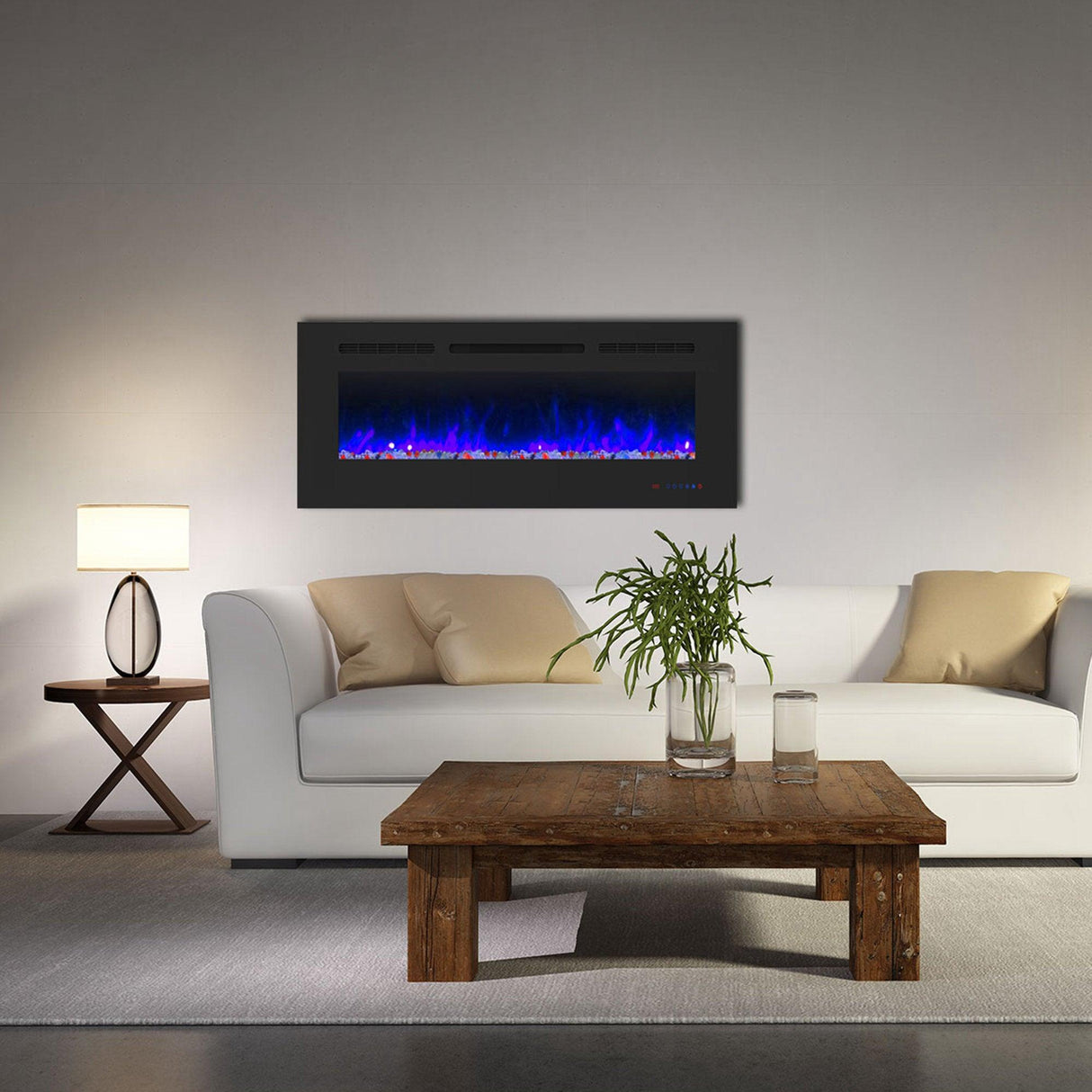 Insert or Wall-Mount Electric Fireplace with Remote Control and Touch Screen in 13 Flame Colors and Base Lights