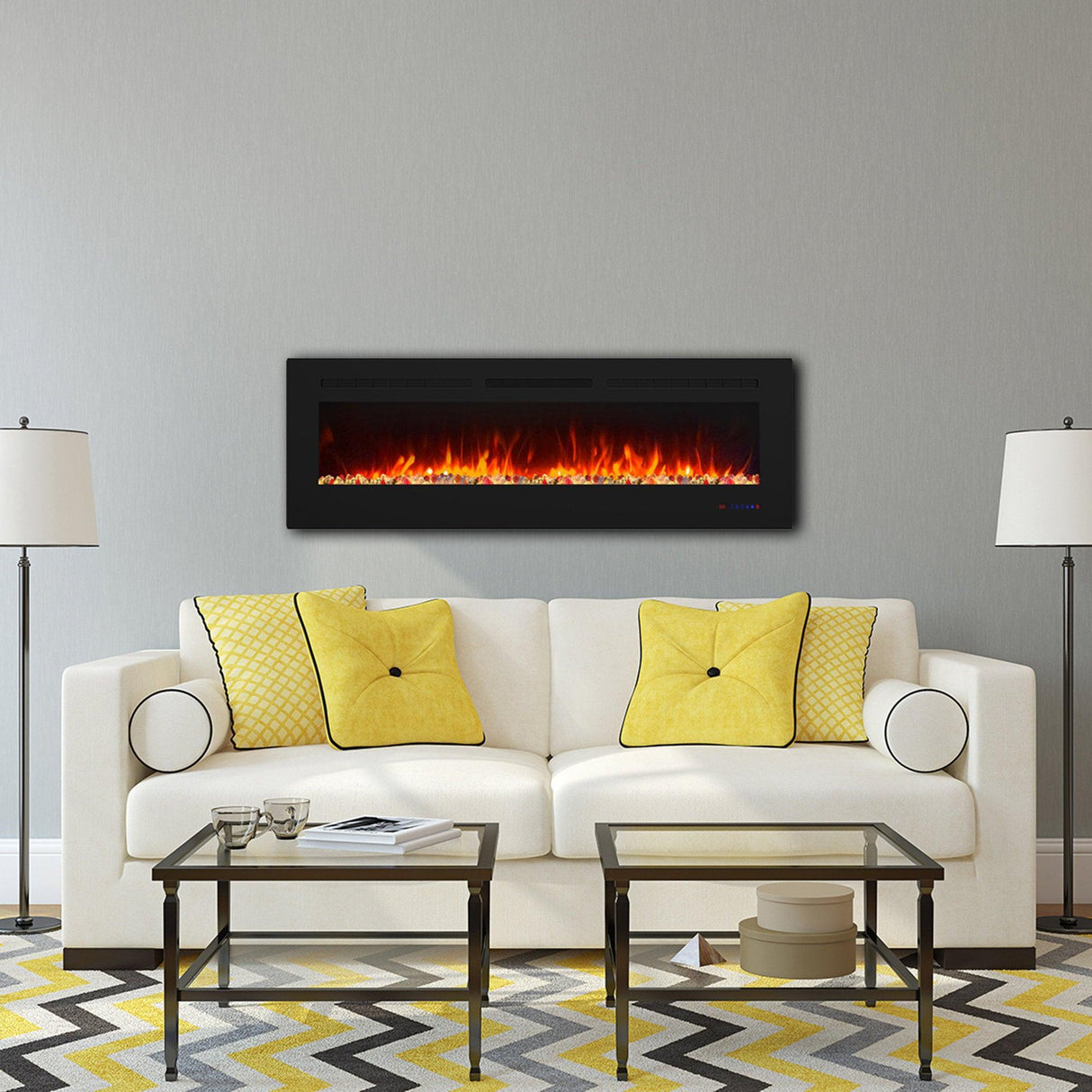 Insert or Wall-Mount Electric Fireplace with Remote Control and Touch Screen in 13 Flame Colors and Base Lights