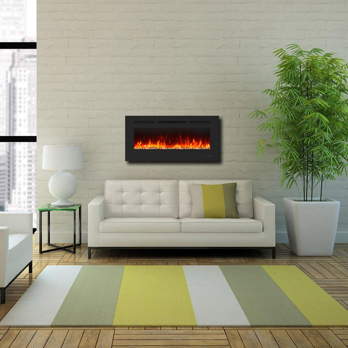 Insert or Wall-Mount Electric Fireplace with Remote Control and Touch Screen in 13 Flame Colors and Base Lights
