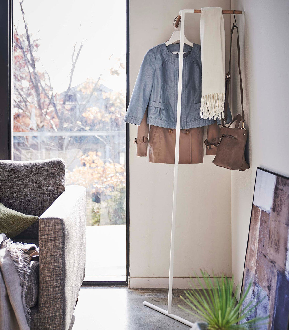 Corner Leaning Coat Hanger (63" H)  - Steel + Wood