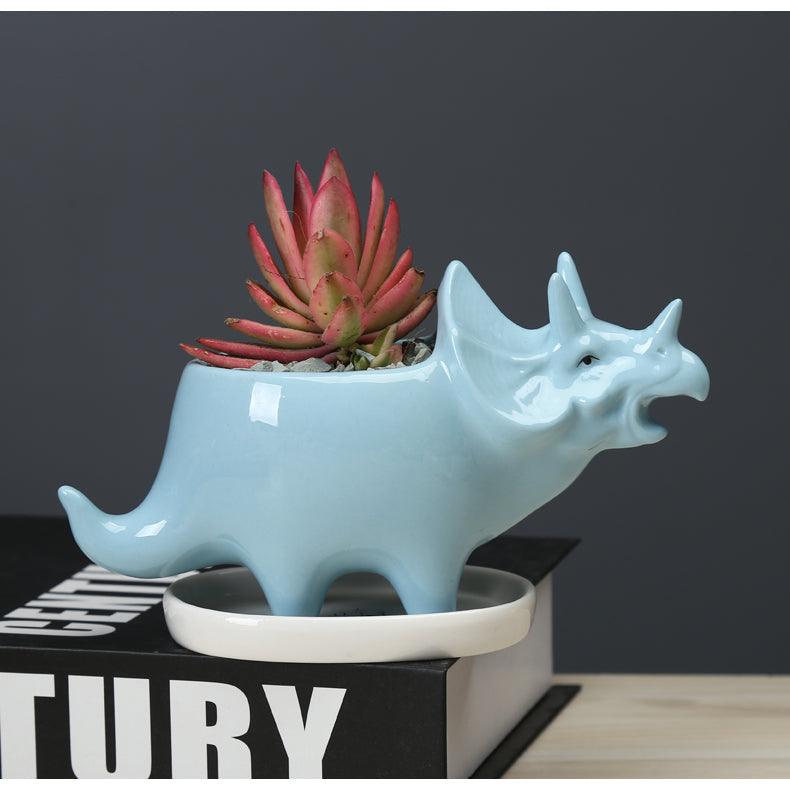 Cute Dinosaur Succulent Planter Pot with Drainage Tray SkyBlue | Sage & Sill