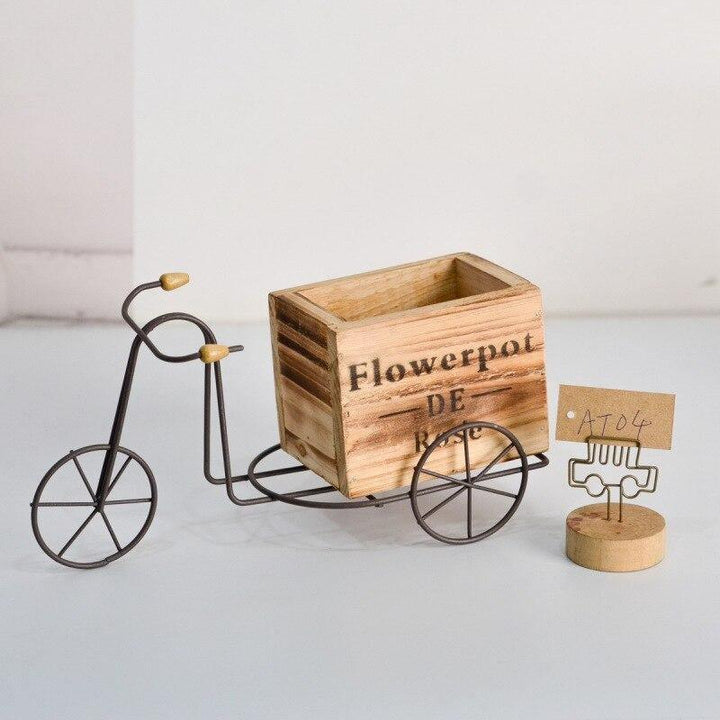 Tabletop Wrought Iron Tricycle with Wooden Planter Box BurlyWood | Sage & Sill