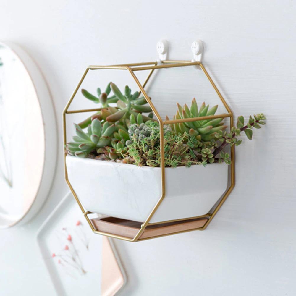 Geometric Ceramic Wall Planter with Octagonal Iron Frame Gold | Sage & Sill
