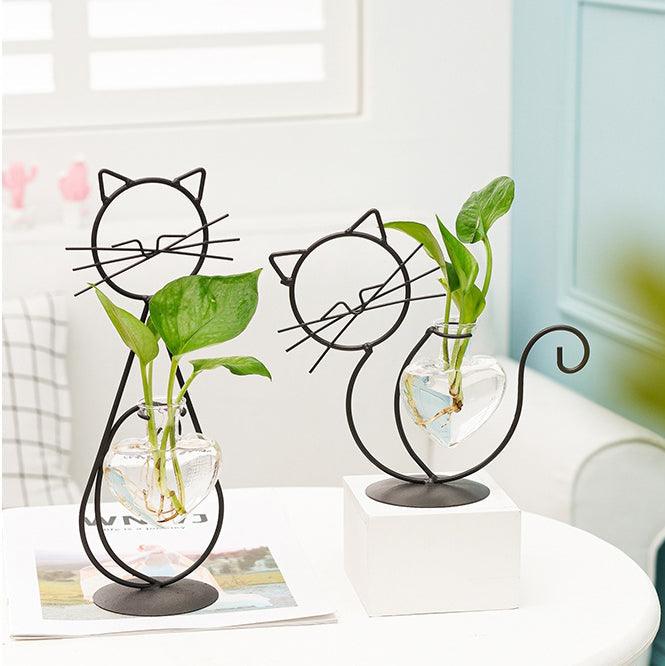 Iron Kitty Cat with Glass Heart Vase Propagation Station Planters 1pc Sitting Cat & 1pc Playing Cat | Sage & Sill
