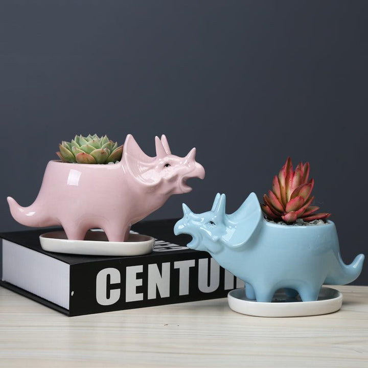 Cute Dinosaur Succulent Planter Pot with Drainage Tray Pink+Blue Set | Sage & Sill