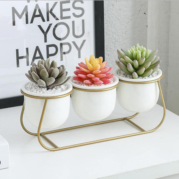 White Ceramic Succulent Planter Trio with Metal Sleigh Stand Gold | Sage & Sill