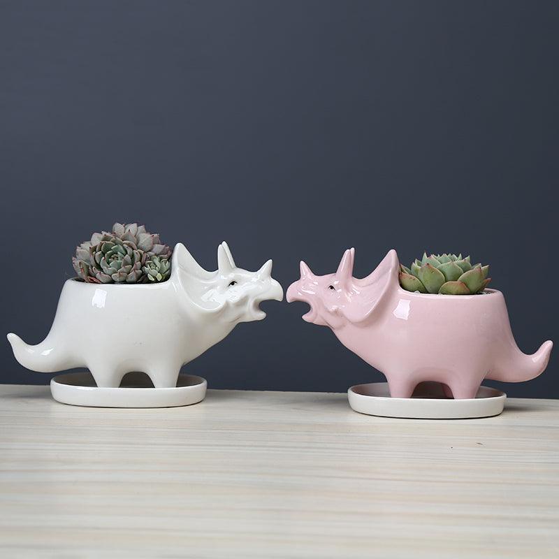 Cute Dinosaur Succulent Planter Pot with Drainage Tray Pink+White Set | Sage & Sill