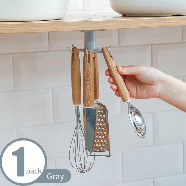 Under-Cabinet Spinning Kitchen Utensil Storage 6-Hook Hanger Grey / Square | Sage & Sill