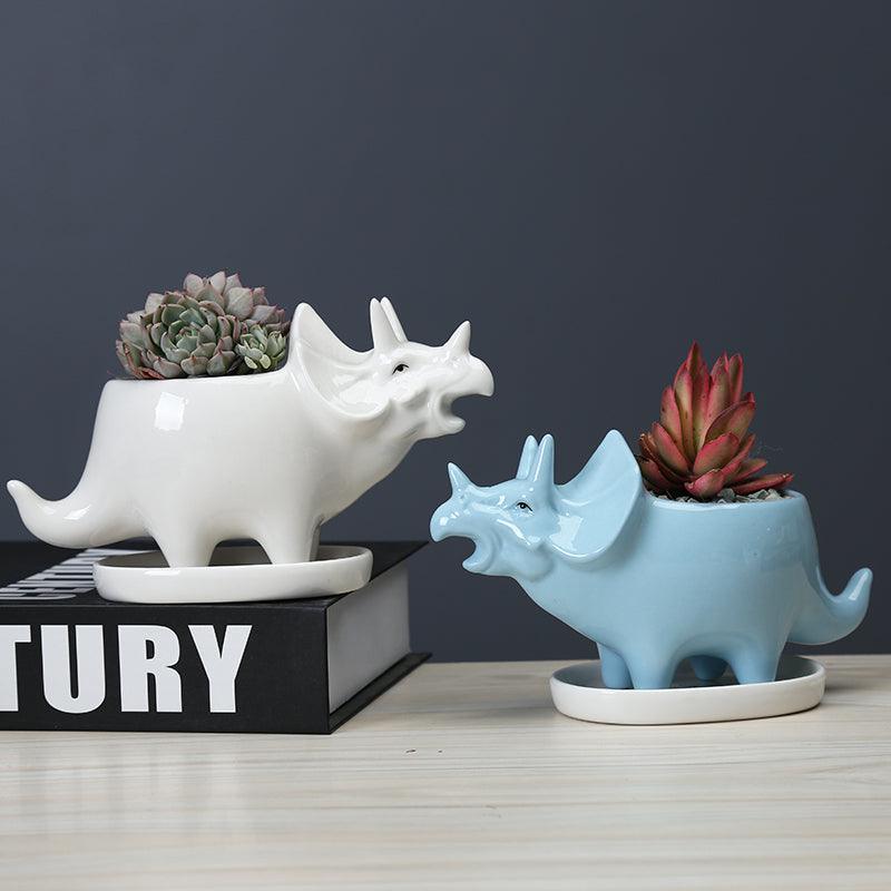 Cute Dinosaur Succulent Planter Pot with Drainage Tray White+Blue Set | Sage & Sill