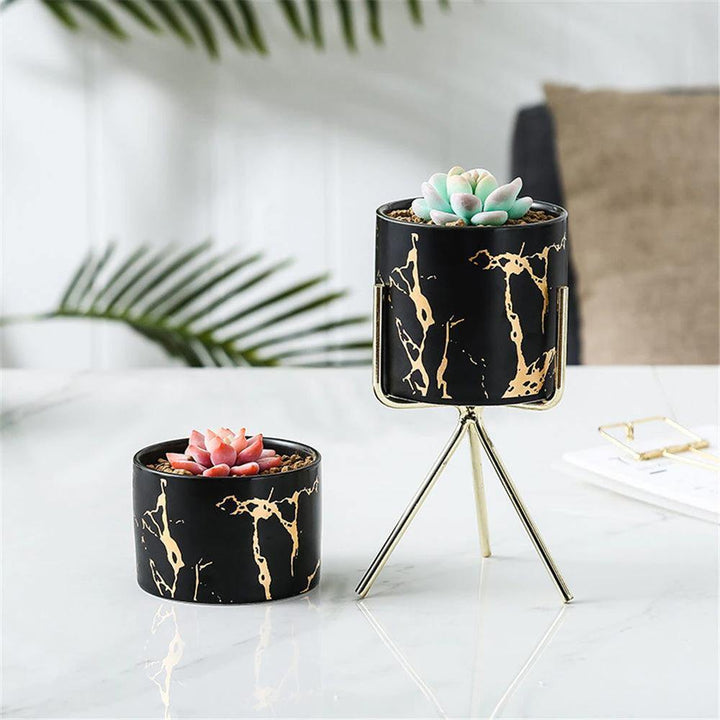 Short Tabletop Marbled Ceramic Planter with Geometric Metal Stand | Sage & Sill