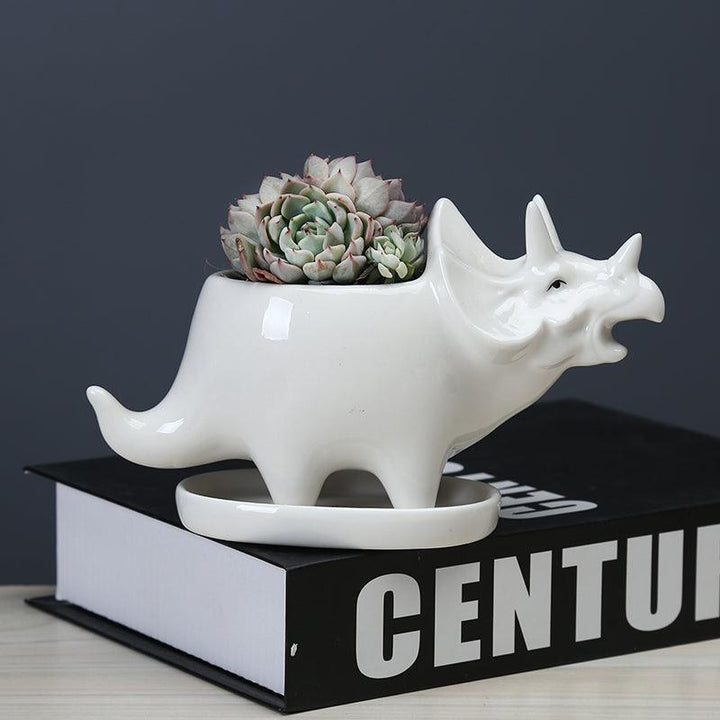 Cute Dinosaur Succulent Planter Pot with Drainage Tray White | Sage & Sill