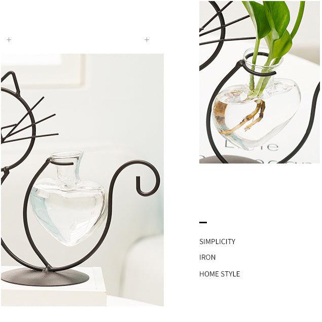 Iron Kitty Cat with Glass Heart Vase Propagation Station Planters | Sage & Sill