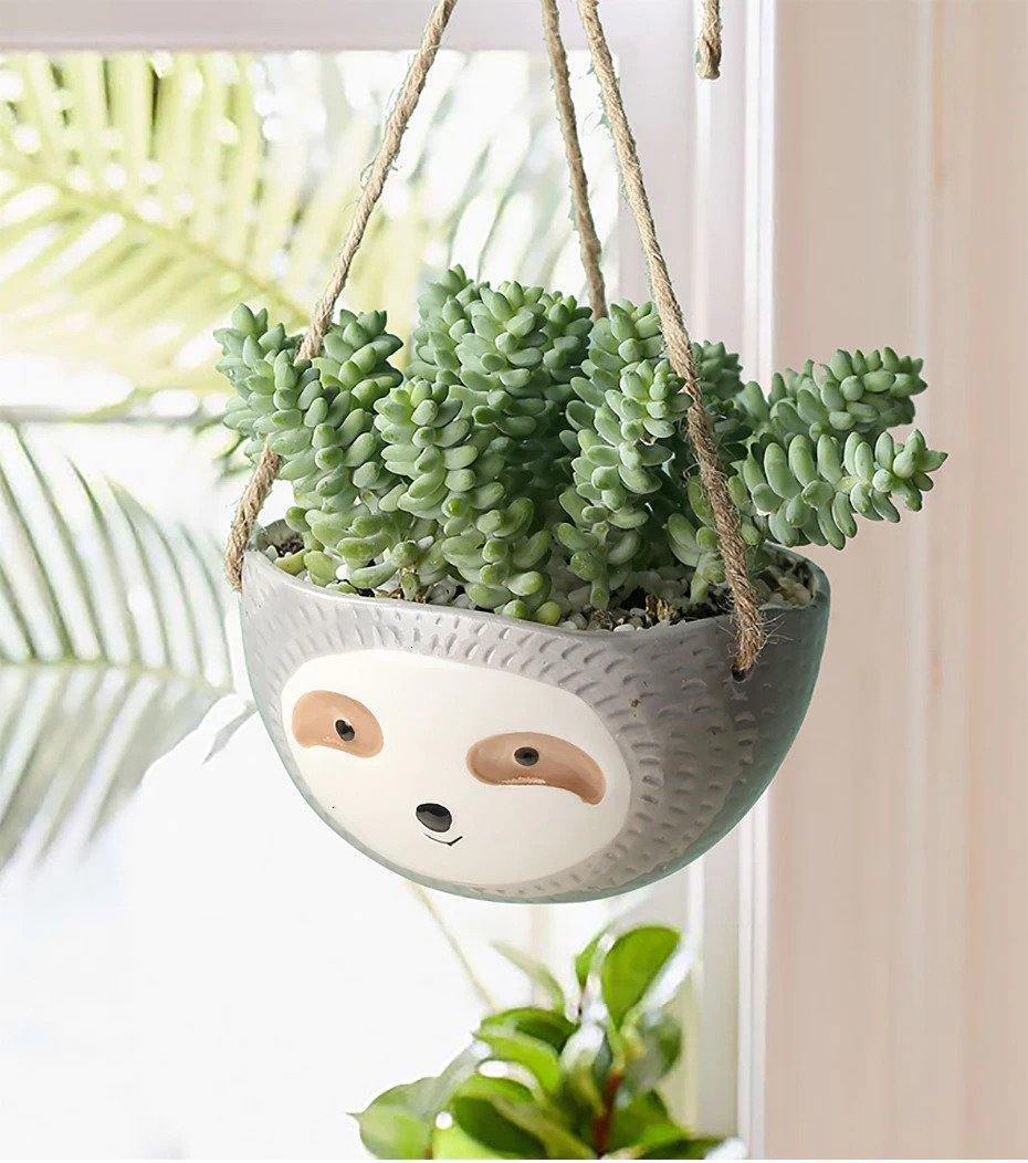 Sloth Ceramic Hanging Succulent Planter LightGrey / Dish | Sage & Sill