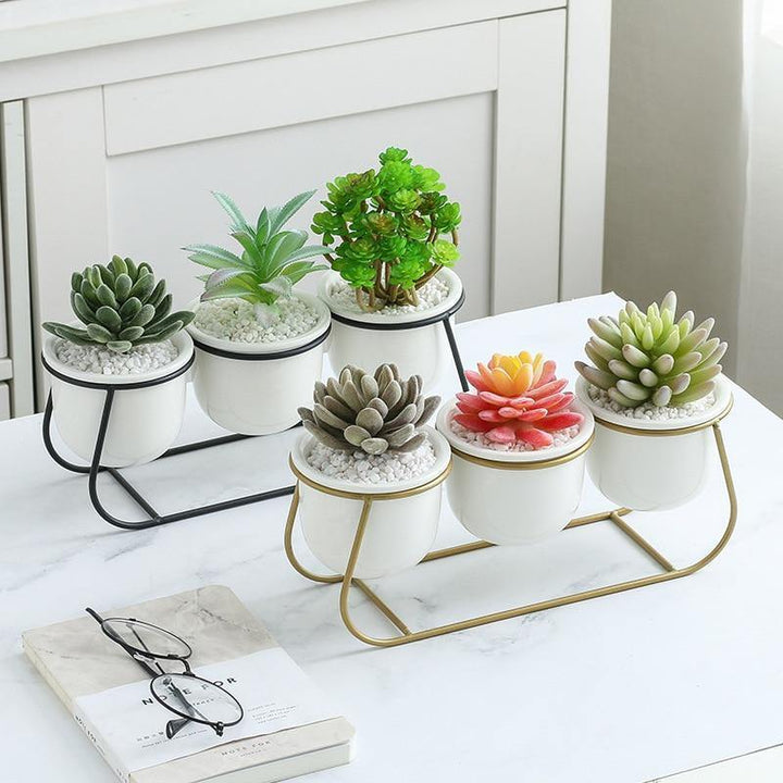 White Ceramic Succulent Planter Trio with Metal Sleigh Stand | Sage & Sill