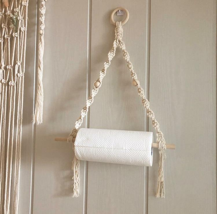Paper Roll Holder Macrame Smooth Stick Multipurpose Outdoor Hanging Paper  Towel Holder for Home Camping