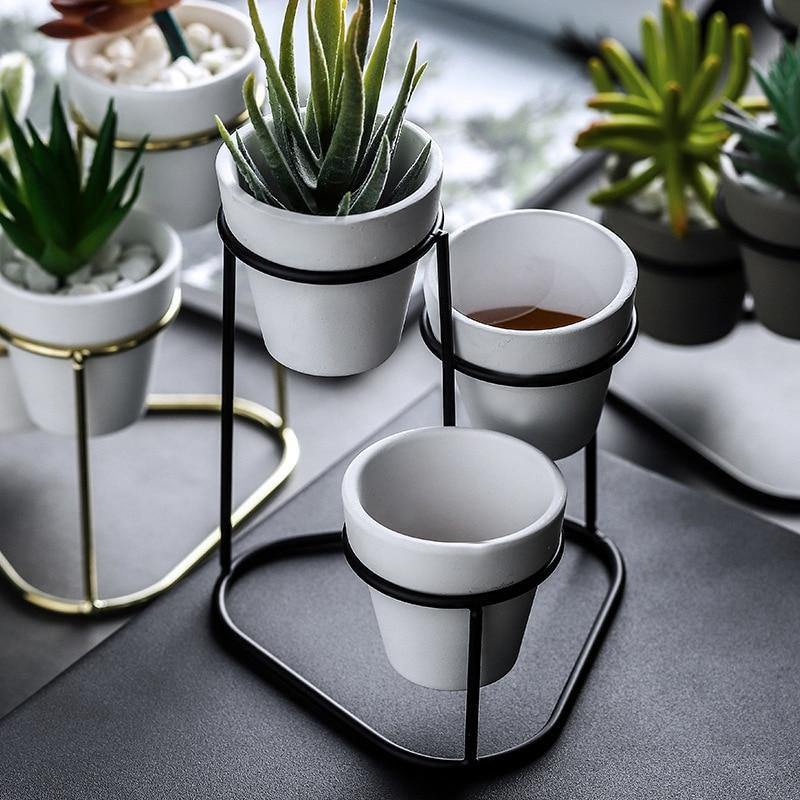 Tiered Ceramic Planters with Metal Stand White / Black | Sage & Sill