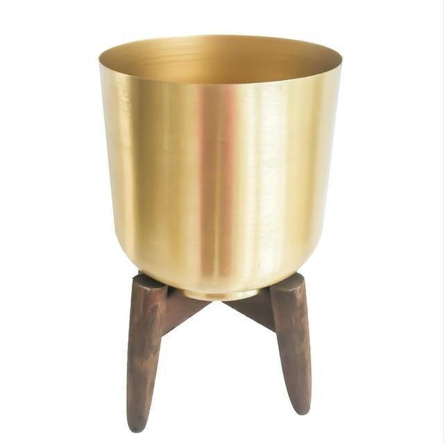 Gold Metal Planter with Wooden Plant Stand | Sage & Sill