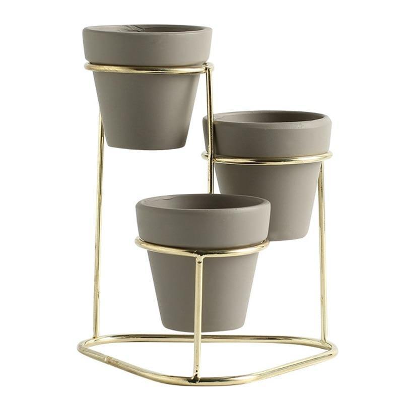 Tiered Ceramic Planters with Metal Stand Grey / Gold | Sage & Sill