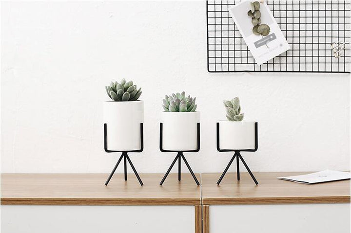 Short Tabletop Ceramic Planter with Geometric Metal Stand | Sage & Sill