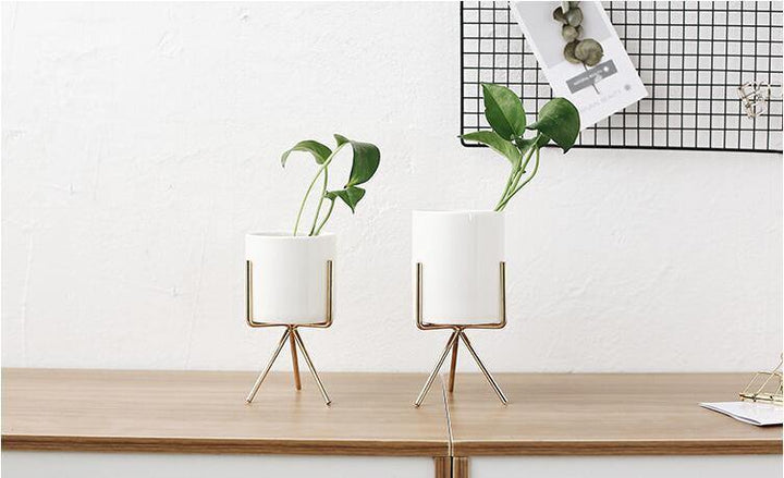 Short Tabletop Ceramic Planter with Geometric Metal Stand | Sage & Sill