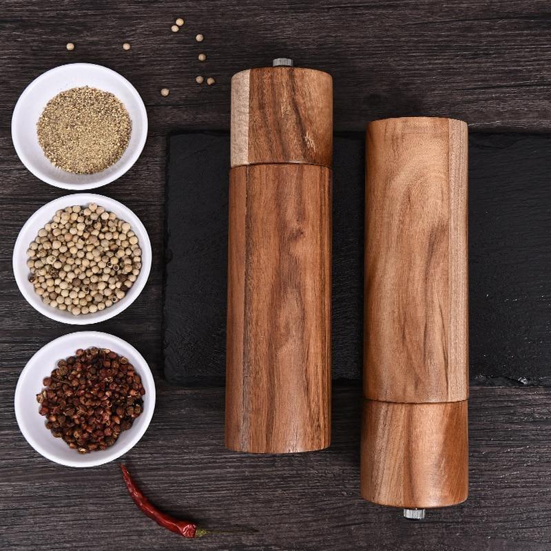 Wood Salt and Pepper Grinder Set with Holder, Glass Container