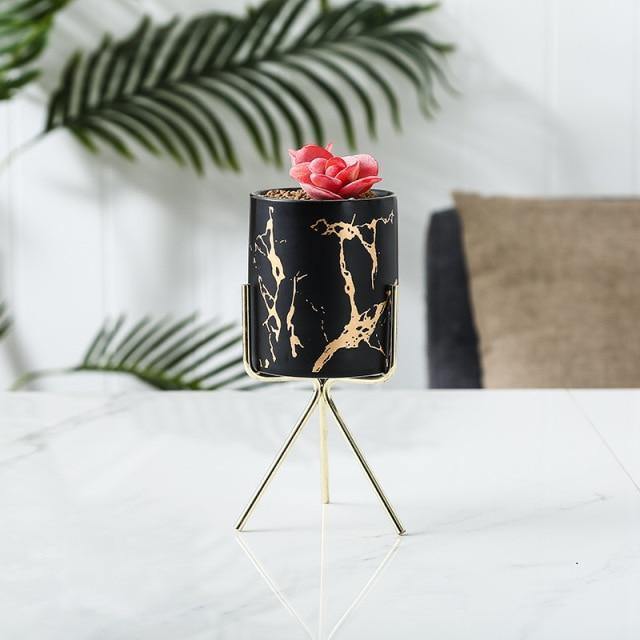 Short Tabletop Marbled Ceramic Planter with Geometric Metal Stand Black / Tall | Sage & Sill