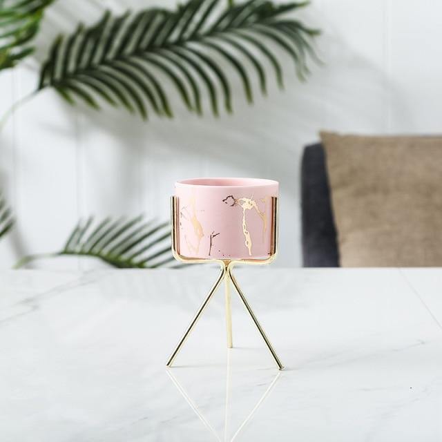 Short Tabletop Marbled Ceramic Planter with Geometric Metal Stand LightPink / Short | Sage & Sill