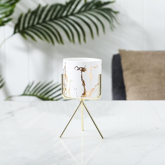 Short Tabletop Marbled Ceramic Planter with Geometric Metal Stand White / Medium | Sage & Sill