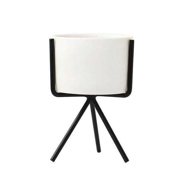 Short Tabletop Ceramic Planter with Geometric Metal Stand Black / Short / Without Hole | Sage & Sill