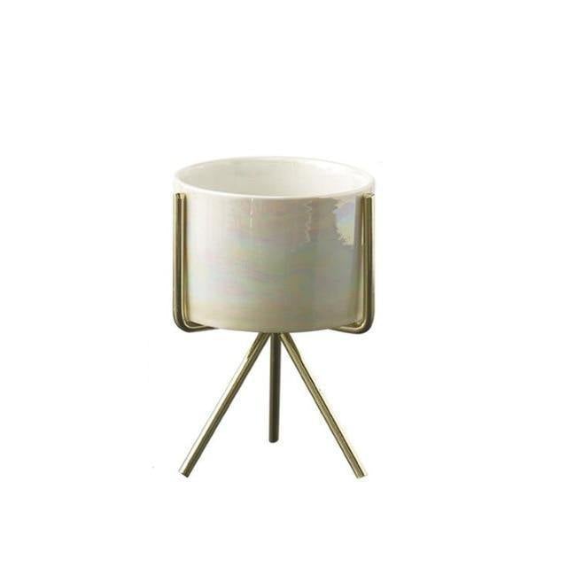 Short Tabletop Ceramic Planter with Geometric Metal Stand Pearlescent Ivory / Short / Without Hole | Sage & Sill