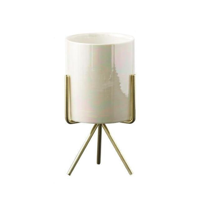 Short Tabletop Ceramic Planter with Geometric Metal Stand Pearlescent Ivory / Tall / Without Hole | Sage & Sill