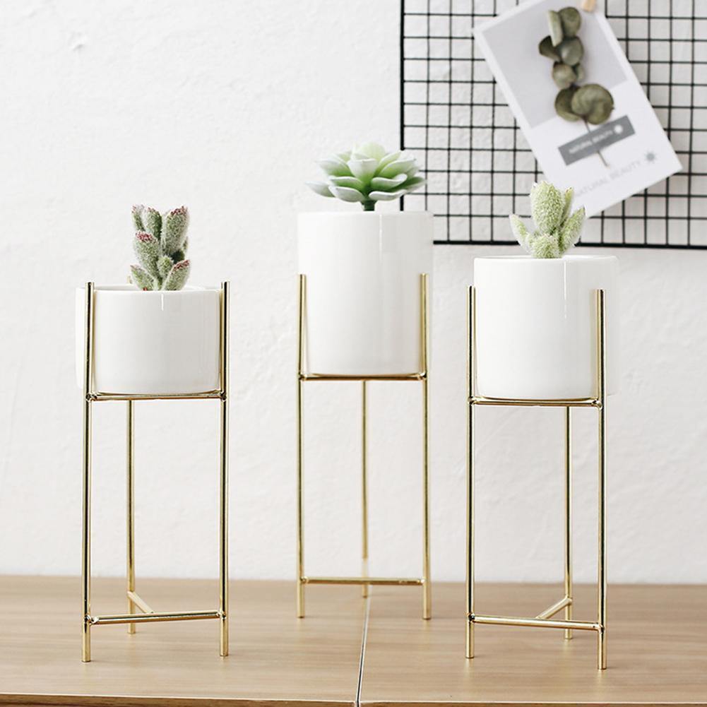 Ceramic Planter with Iron Stand Gold / Short | Sage & Sill