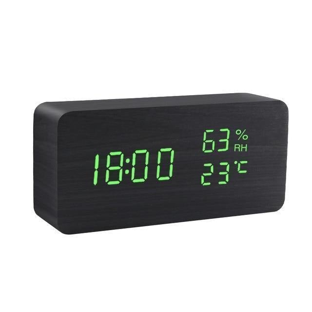 Wooden Cube LED Alarm Clock Black / Rectangle / Time + Temperature + Humidity, Green | Sage & Sill
