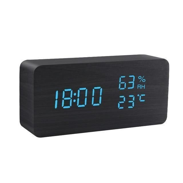 Wooden Cube LED Alarm Clock Black / Rectangle / Time + Temperature + Humidity, Blue | Sage & Sill