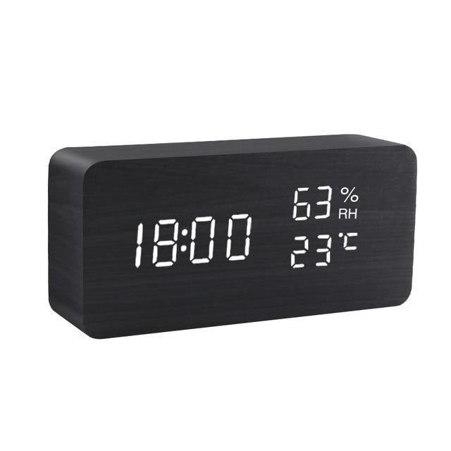  Digital Alarm Clock, with Wooden Electronic LED Time Display, 3  Alarm Settings, Humidity & Temperature Detect, Wood Made Electric Clocks  for Bedroom, Bedside (Black) : Home & Kitchen