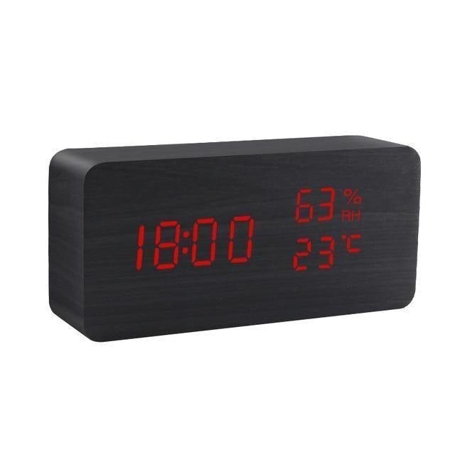 Wooden Cube LED Alarm Clock Black / Rectangle / Time + Temperature + Humidity, Red | Sage & Sill