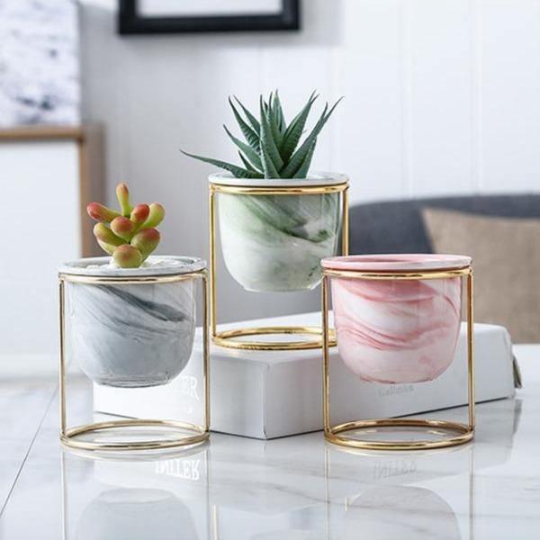 Marbled Ceramic Planter with Gold Metal Plant Stand | Sage & Sill