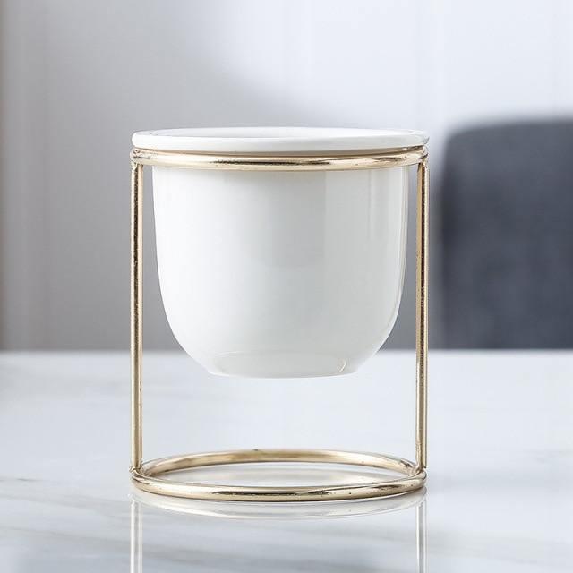 Marbled Ceramic Planter with Gold Metal Plant Stand White | Sage & Sill