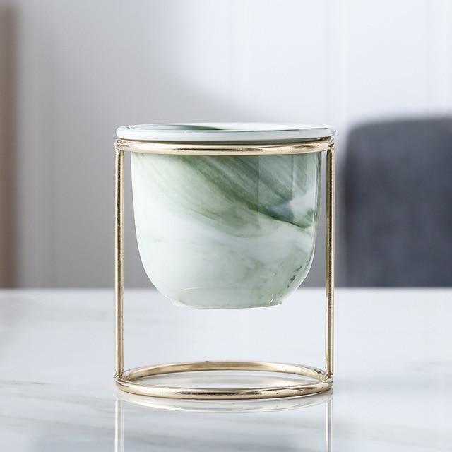 Marbled Ceramic Planter with Gold Metal Plant Stand Green | Sage & Sill