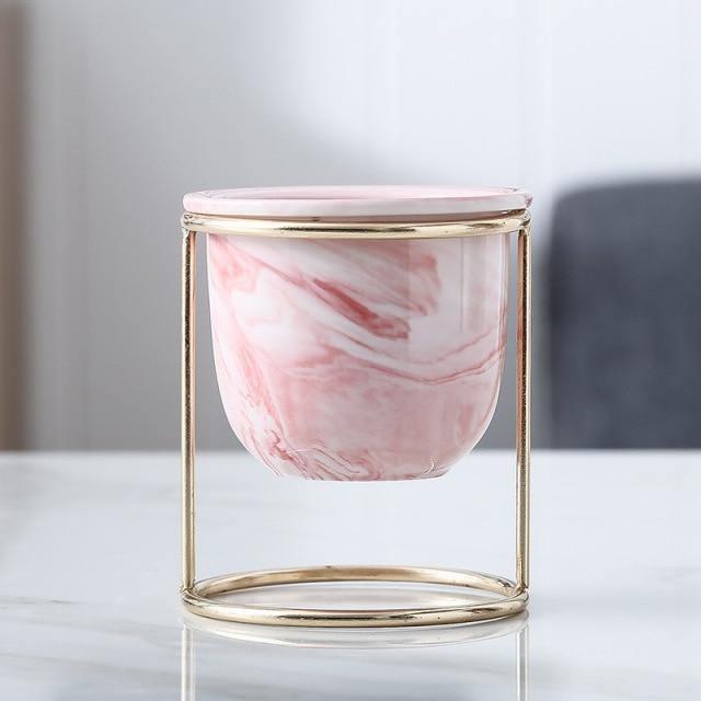 Marbled Ceramic Planter with Gold Metal Plant Stand Pink | Sage & Sill