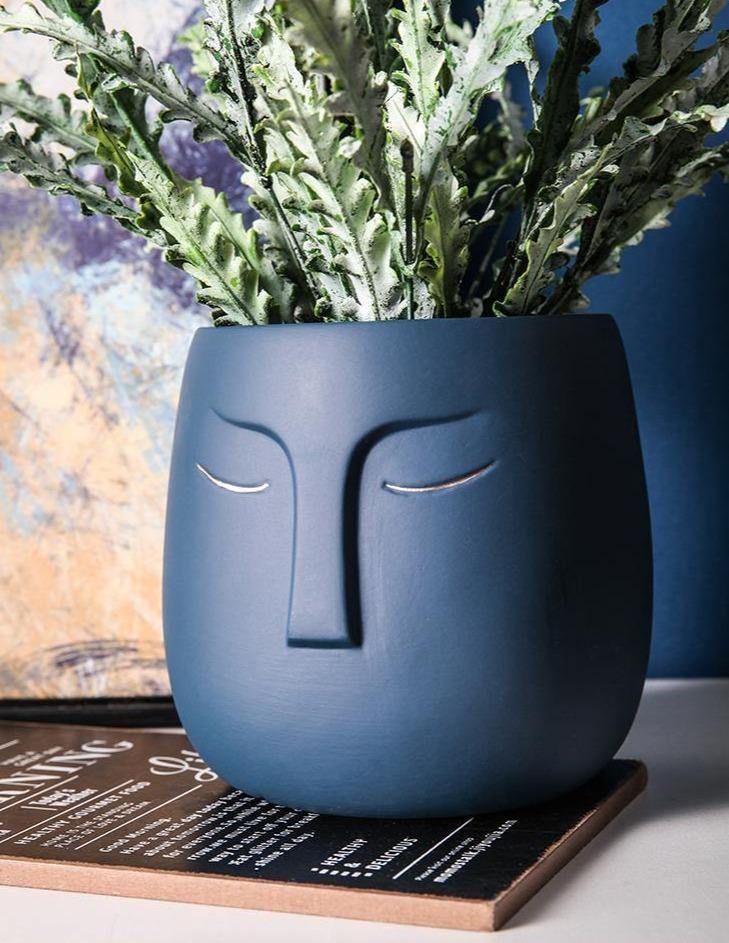 Ceramic Abstract Sleeping Face Planter SteelBlue / 12x12x12.5cm | Sage & Sill