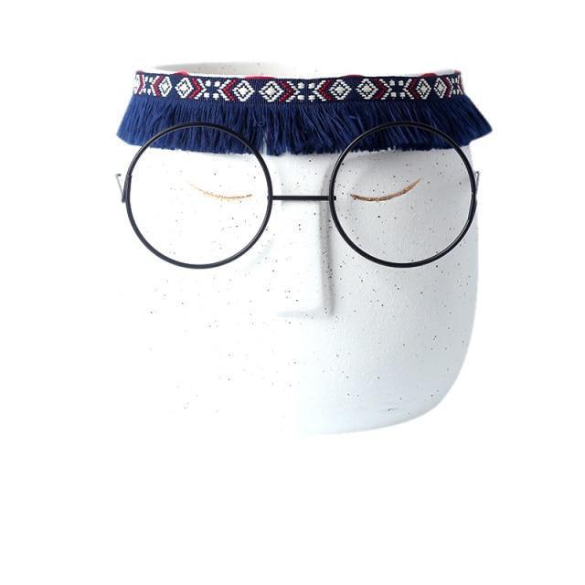 Ceramic Abstract Sleeping Face Planter with Headband and Glasses White Speckled/Blue | Sage & Sill