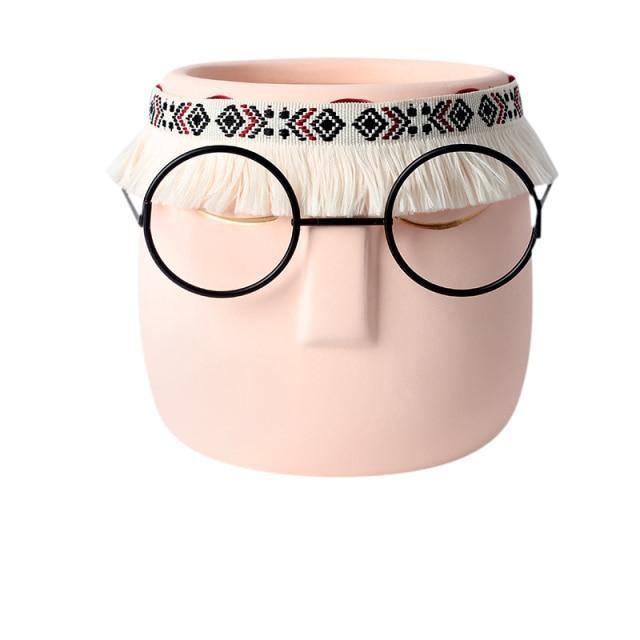 Ceramic Abstract Sleeping Face Planter with Headband and Glasses Pink | Sage & Sill