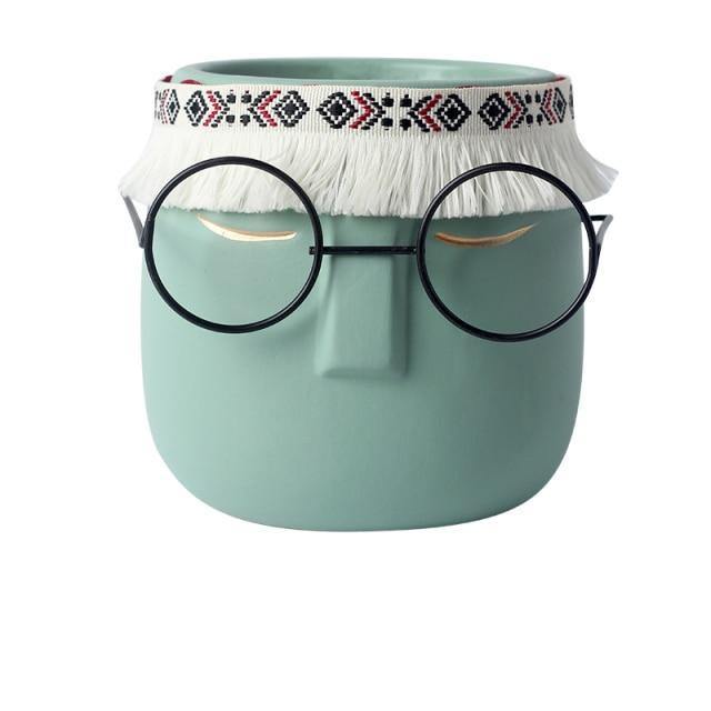 Ceramic Abstract Sleeping Face Planter with Headband and Glasses CadetBlue | Sage & Sill