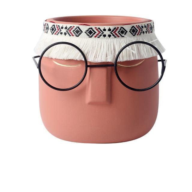 Ceramic Abstract Sleeping Face Planter with Headband and Glasses IndianRed | Sage & Sill