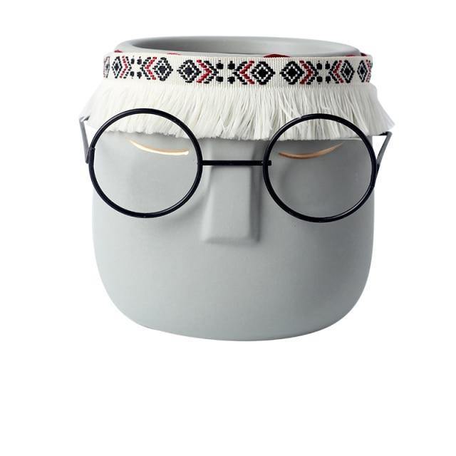 Ceramic Abstract Sleeping Face Planter with Headband and Glasses LightGrey | Sage & Sill
