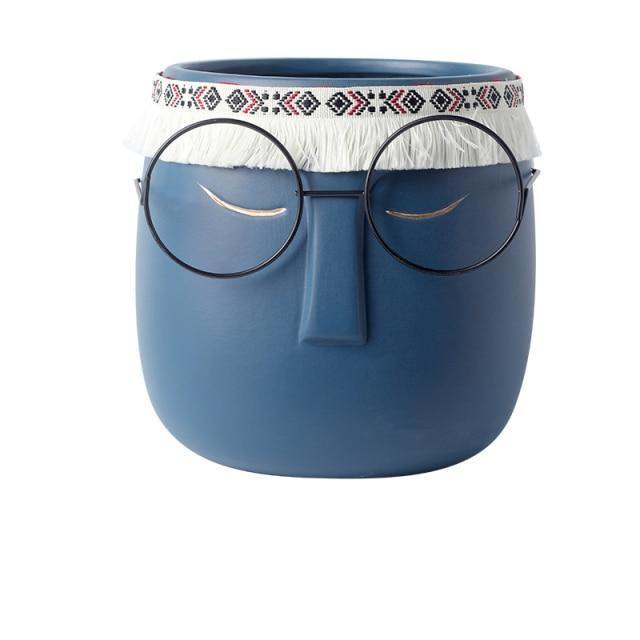 Ceramic Abstract Sleeping Face Planter with Headband and Glasses SteelBlue | Sage & Sill